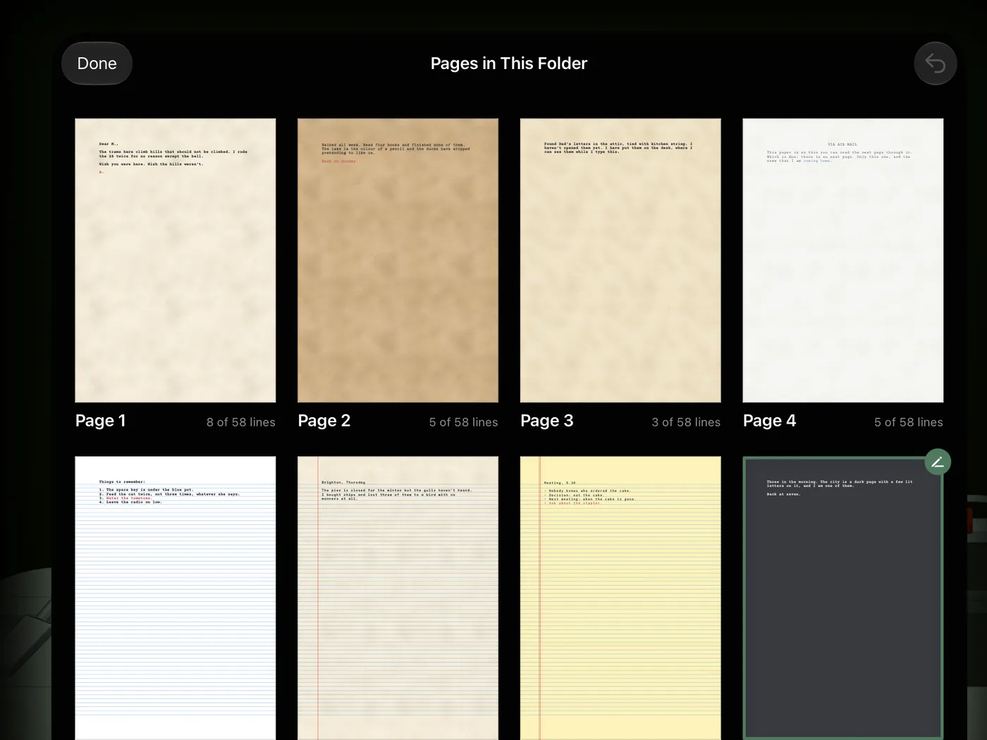 All Pages: eight pages of one folder, each on its own paper